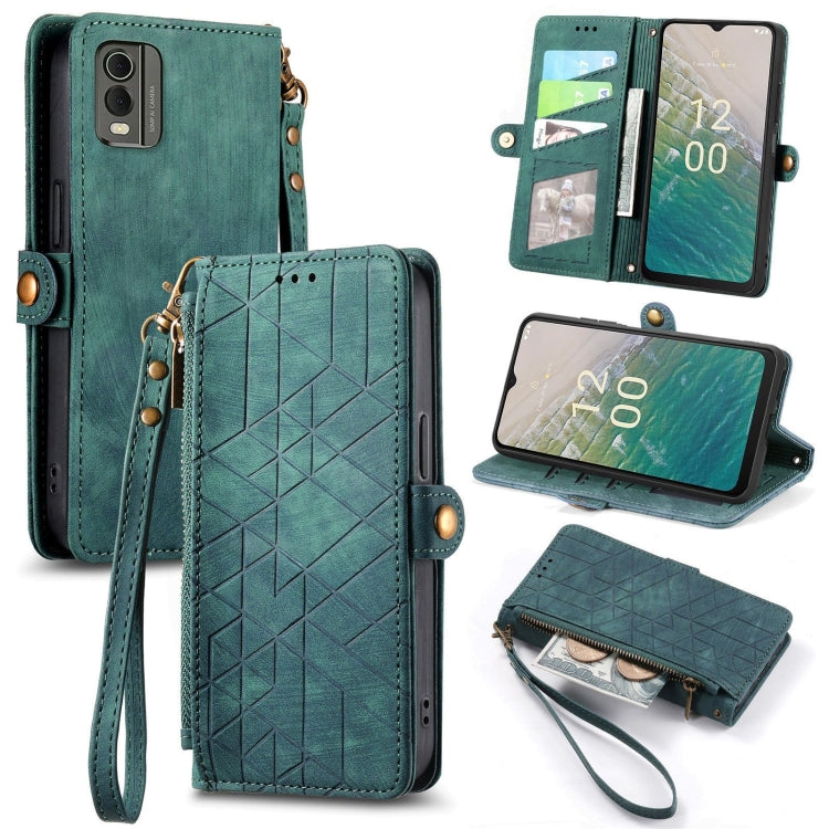 For Nokia C32 Geometric Zipper Wallet Side Buckle Leather Phone Case(Green) - Nokia Cases by buy2fix | Online Shopping UK | buy2fix