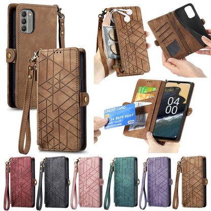 For Nokia C21 Plus Geometric Zipper Wallet Side Buckle Leather Phone Case(Black) - Nokia Cases by buy2fix | Online Shopping UK | buy2fix