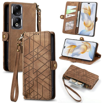 For Honor 90 Pro Geometric Zipper Wallet Side Buckle Leather Phone Case(Brown) - Honor Cases by buy2fix | Online Shopping UK | buy2fix