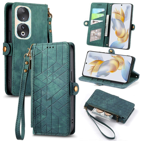 For Honor 90 Geometric Zipper Wallet Side Buckle Leather Phone Case(Green) - Honor Cases by buy2fix | Online Shopping UK | buy2fix