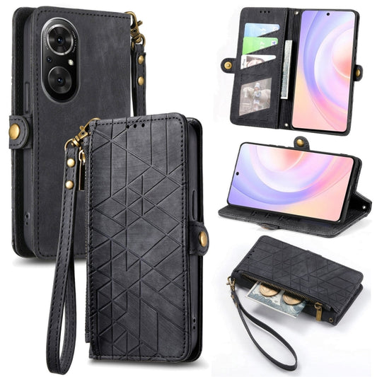 For Honor 50 SE Geometric Zipper Wallet Side Buckle Leather Phone Case(Black) - Honor Cases by buy2fix | Online Shopping UK | buy2fix