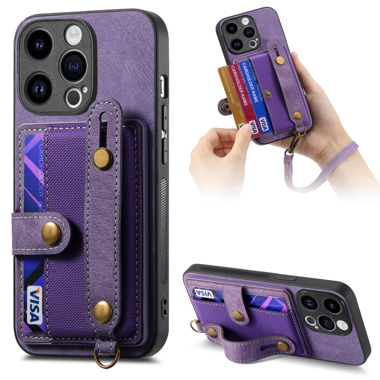 For iPhone 15 Pro Max Retro Cross Wristband Wallet Leather Back Phone Case(Purple) - iPhone 15 Pro Max Cases by buy2fix | Online Shopping UK | buy2fix