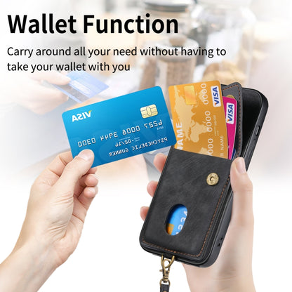 For iPhone 15 Pro Max Retro Card Wallet Fold Leather Phone Case with Strap(Black) - iPhone 15 Pro Max Cases by buy2fix | Online Shopping UK | buy2fix