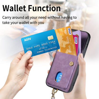 For iPhone 15 Pro Max Retro Card Wallet Fold Leather Phone Case with Strap(Purple) - iPhone 15 Pro Max Cases by buy2fix | Online Shopping UK | buy2fix