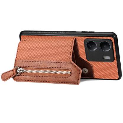 For Xiaomi  Redmi 13C Carbon Fiber Flip Zipper Wallet Phone Case(Brown) - 13C Cases by buy2fix | Online Shopping UK | buy2fix