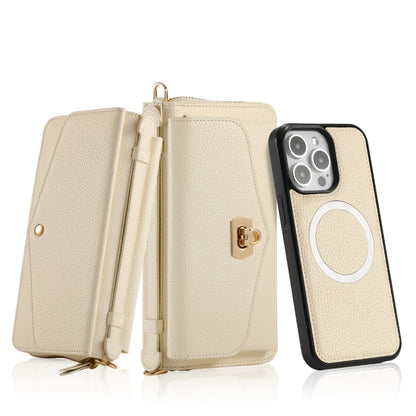 For iPhone 15 Pro Max MagSafe Crossbody Multi-functional Zipper Wallet Litchi Leather Phone Case(White) - iPhone 15 Pro Max Cases by buy2fix | Online Shopping UK | buy2fix