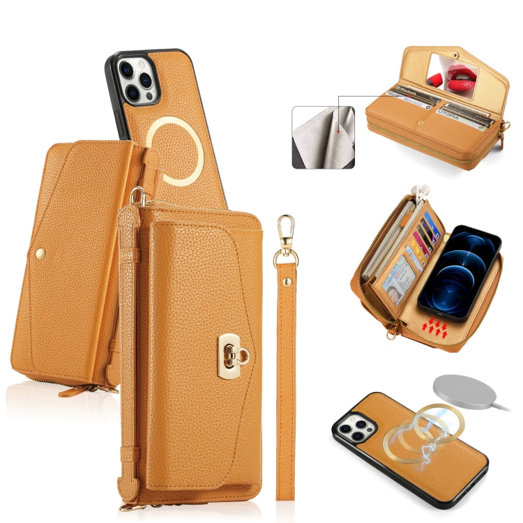 For iPhone 12 Pro Max MagSafe Crossbody Multi-functional Zipper Wallet Litchi Leather Phone Case(Orange) - iPhone 12 Pro Max Cases by buy2fix | Online Shopping UK | buy2fix