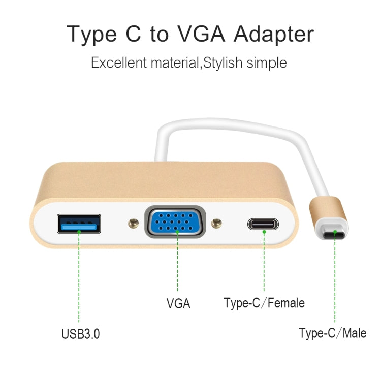 USB Type C to VGA 3-in-1 Hub Adapter supports USB Type C tablets and laptops for Macbook Pro / Google ChromeBook(Gold) - Computer & Networking by buy2fix | Online Shopping UK | buy2fix