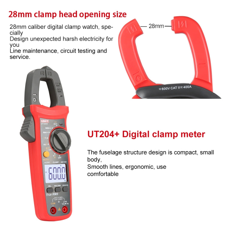 UNI-T  UT204+ 600A  Digital Clamp Meter AC DC Voltage Detector - Consumer Electronics by UNI-T | Online Shopping UK | buy2fix