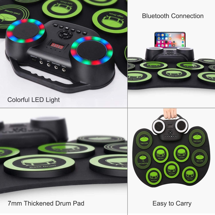 Portable Hand Roll Electronic Drum Flashing Light Bluetooth Drum(Icon Version + Black Green) - Percussion Instruments by buy2fix | Online Shopping UK | buy2fix