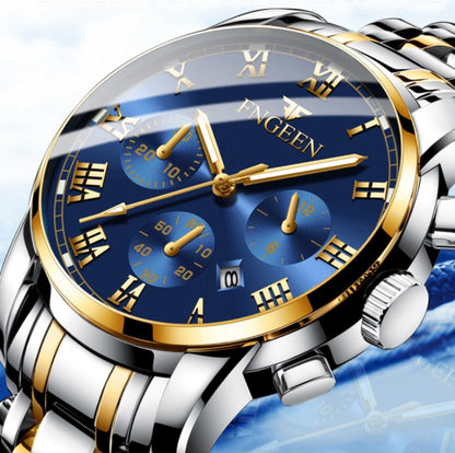 FNGEEN 4006 Men Trendy Waterproof Quartz Watch(Brown Leather Gold Black Surface) - Outdoor & Sports by FNGEEN | Online Shopping UK | buy2fix
