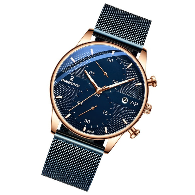 BINBOND B0158 Men Luminous Multifunctional Business Quartz Watch(Blue Mash Rose Shell Blue Surface) - Metal Strap Watches by BINBOND | Online Shopping UK | buy2fix