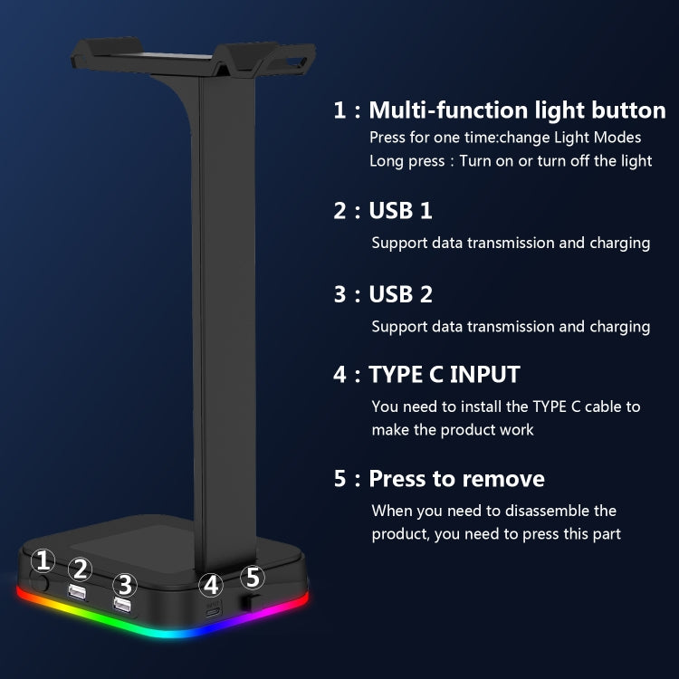 RGBD9 RGB Headset Stand Color-Changing Gaming Headset Stand Gaming Headset Display Stand with Dual USB Ports(Black) - Headset Stand by buy2fix | Online Shopping UK | buy2fix