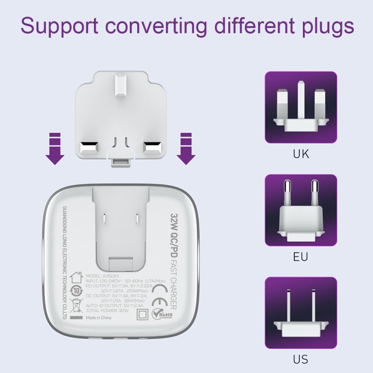 LDNIO A3513Q 32W QC3.0 3 USB Ports Phone Adapter US Plug with Type-C Cable - Mobile Accessories by LDNIO | Online Shopping UK | buy2fix