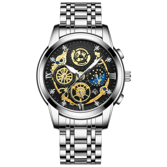 BINBOND 4010 Multifunctional Waterproof Hollowed Luminous Quartz Watch(White Steel Black Surface) - Metal Strap Watches by BINBOND | Online Shopping UK | buy2fix