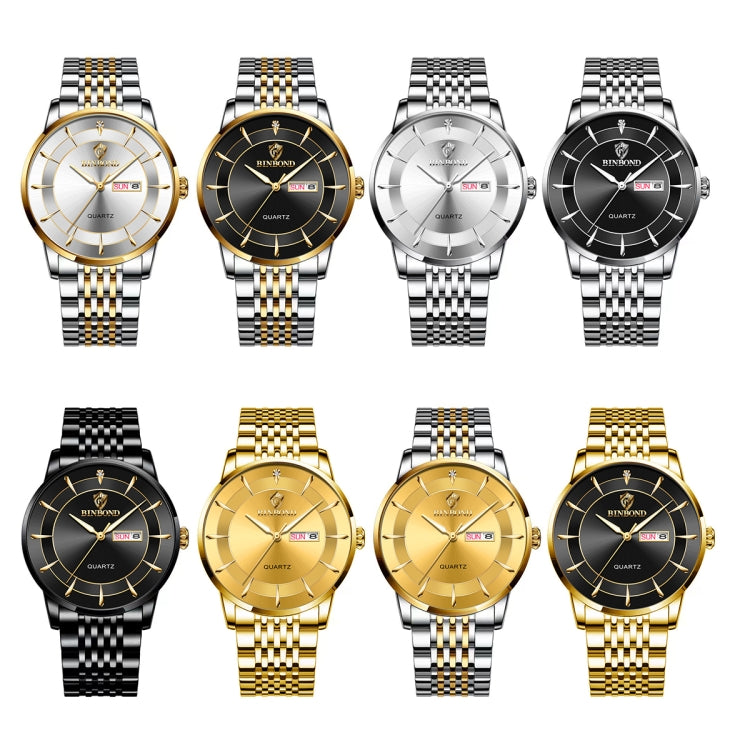 BINBOND B2077 30M Waterproof Quartz Luminous Watch Butterfly Buckle Men's Steel Belt Watch(Inter-gold-Black) - Metal Strap Watches by BINBOND | Online Shopping UK | buy2fix