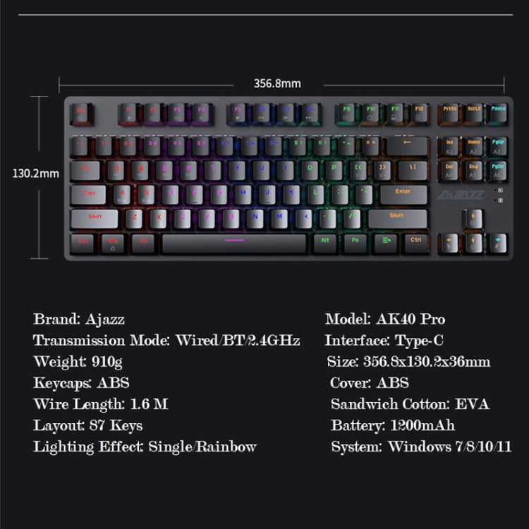 Ajazz AK40pro 87 Keys Bluetooth/Wireless/Wired Three Mode Game Office Mechanical Keyboard Mixed Light Tea Shaft (Black) - Wireless Keyboard by Ajazz | Online Shopping UK | buy2fix