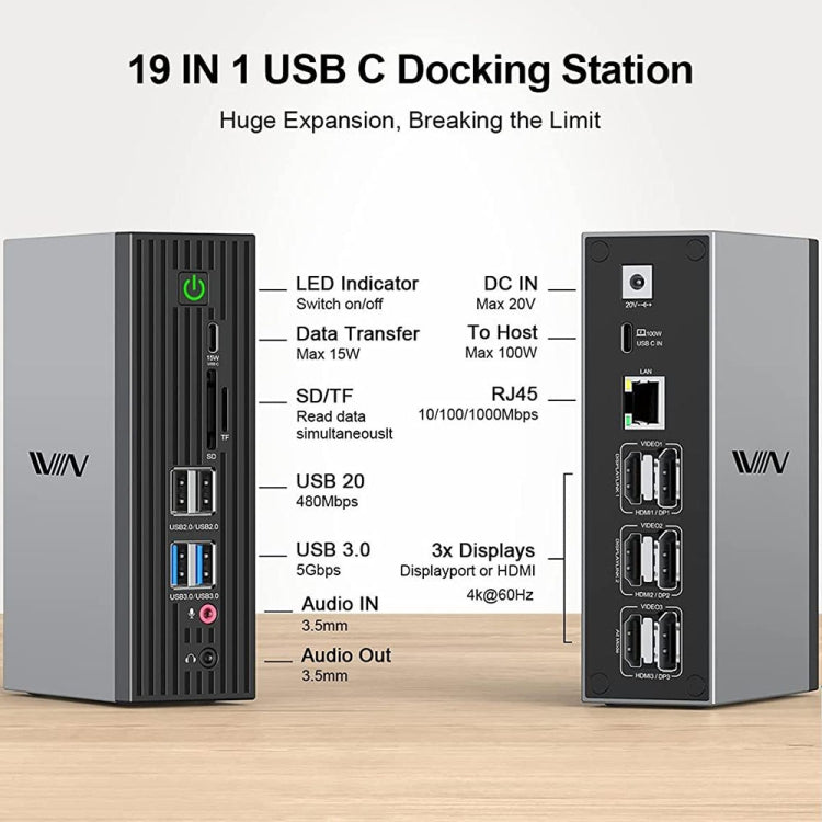 IVIIN D6919 Type-C/USB-C Multifunctional 4K Displaylink Four-Screen Different Display Docking Station, US Plug(19-in-1) - USB HUB by IVIIN | Online Shopping UK | buy2fix
