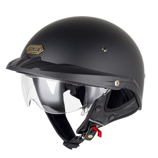 SOMAN Motorcycle Half Helmet Adjustable Helmet With Inner Mirror, Size: XXL(Matte Black with Transparent Mirror) - Helmets by SOMAN | Online Shopping UK | buy2fix