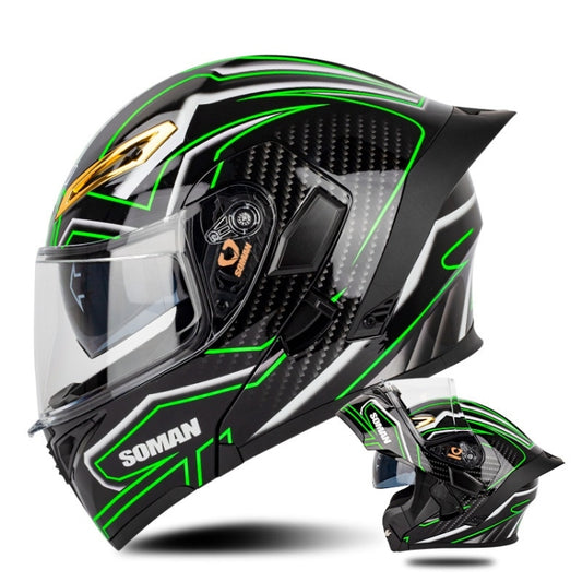 SOMAN Motorcycle Dual Lens Riding Peel-Off Full Coverage Helmet, Size: S(Bright Black Green) - Helmets by SOMAN | Online Shopping UK | buy2fix