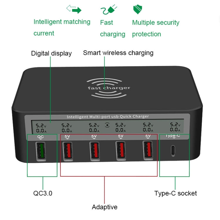 818F 5 USB Ports + Type-C Multifunctional Multi-Port Wireless Charger, Style: UK Plug (Black) - Multifunction Charger by buy2fix | Online Shopping UK | buy2fix