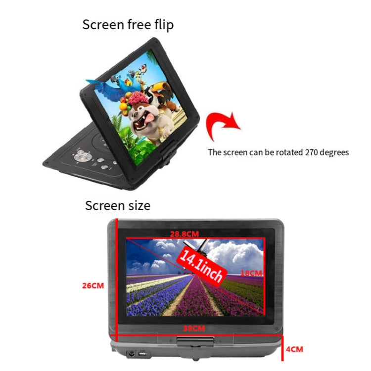 14.1-Inch Screen Portable DVD Player Support USB/SD/AV Input With Gamepad(EU Plug) - DVD & LCD Player by buy2fix | Online Shopping UK | buy2fix