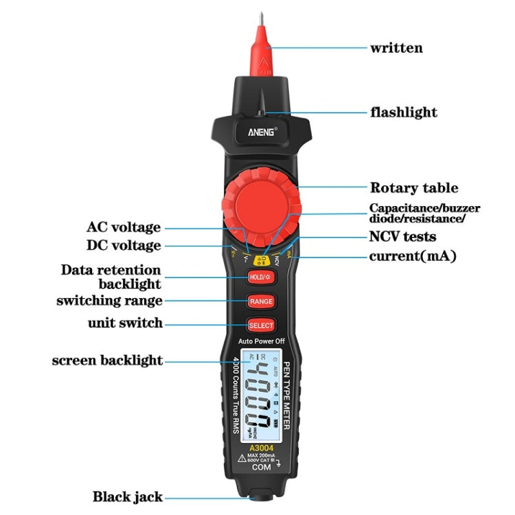 ANENG A3004 Multi-Function Pen-Type High-Precision Smart Multimeter(Black) - Digital Multimeter by ANENG | Online Shopping UK | buy2fix